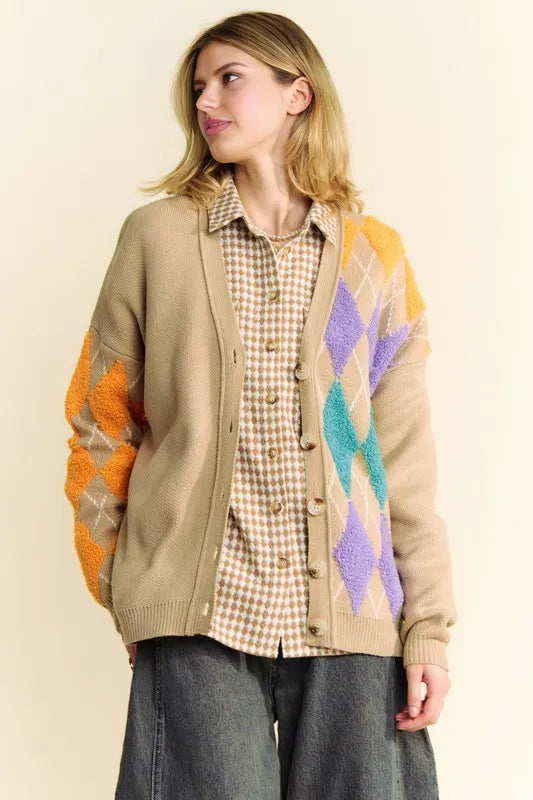 Davi & Dani Argyle V-Neck Dropped Shoulder Cardigan Easy Apparels
