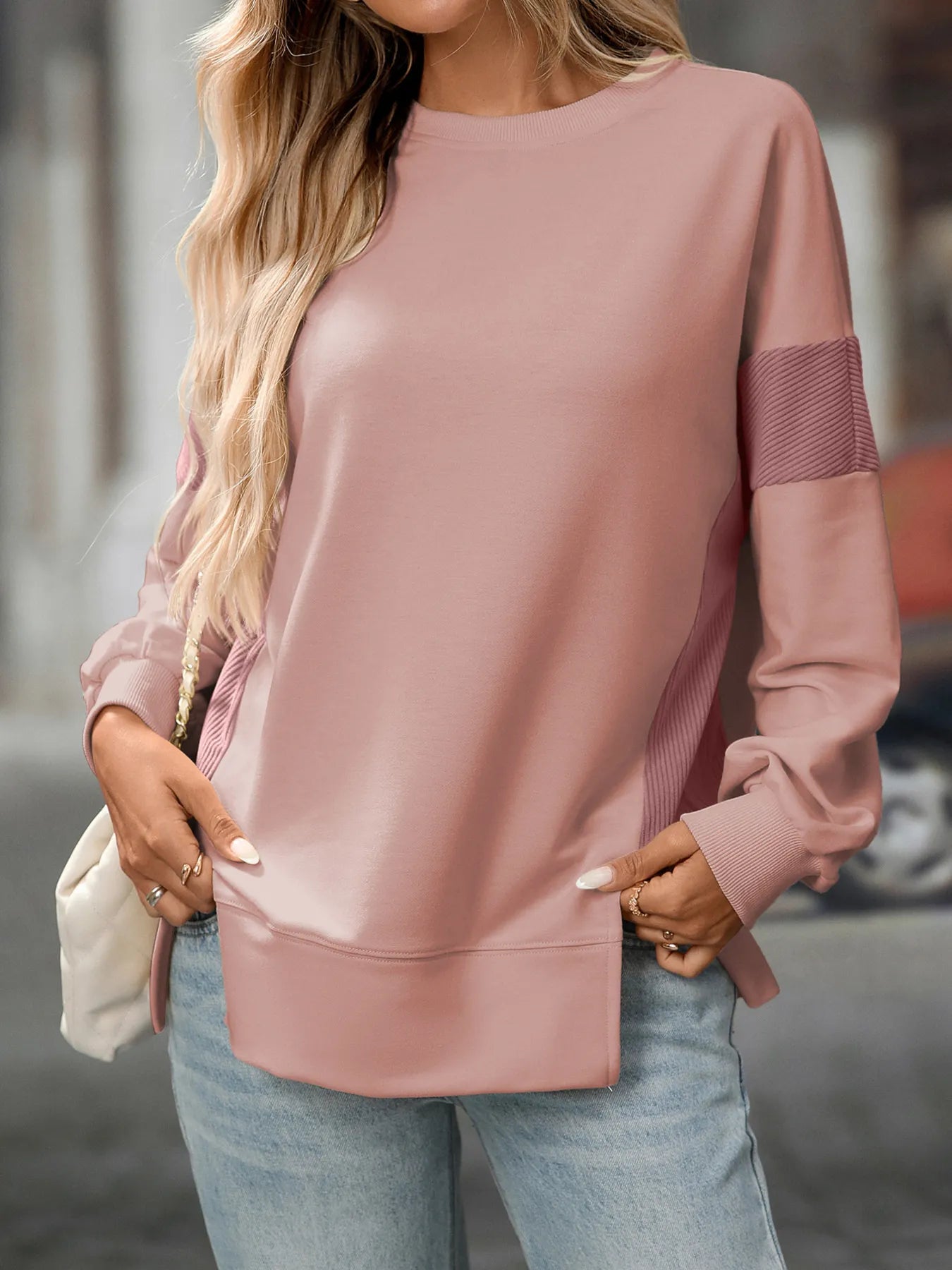 Trendsi Slit Round Neck Long Sleeve Sweatshirt Pink