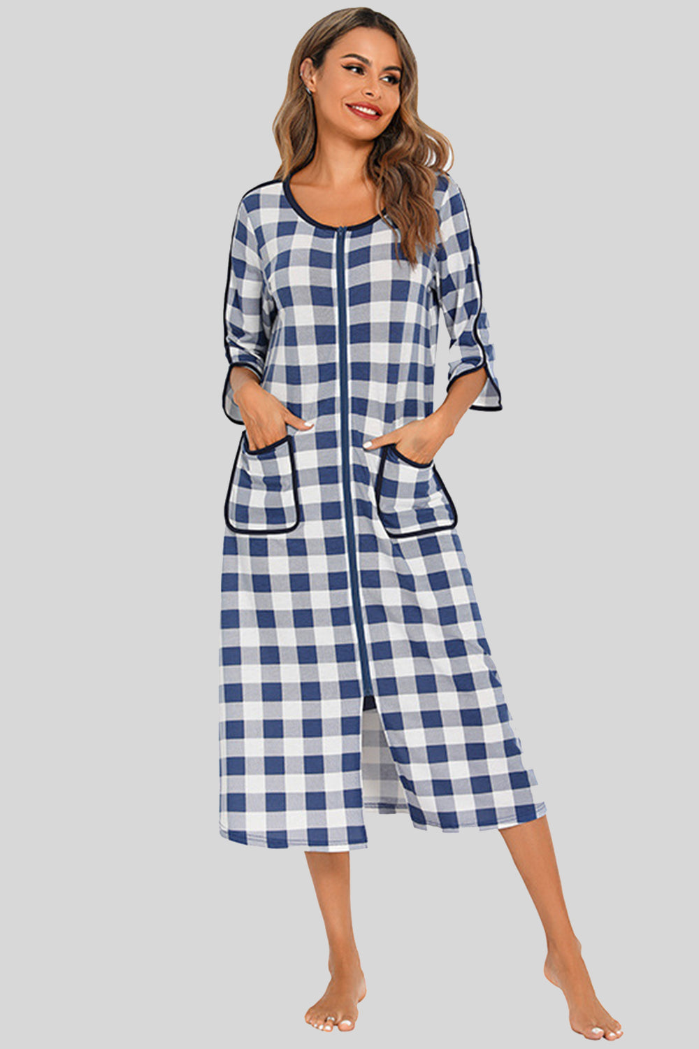 Round Neck Three-Quarter Sleeve Midi Night Dress French Blue Easy Apparels