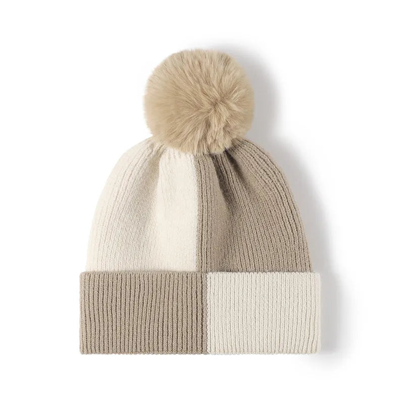 Color Block Knit Hat with Pom-pom Khaki One Size Easy Apparels