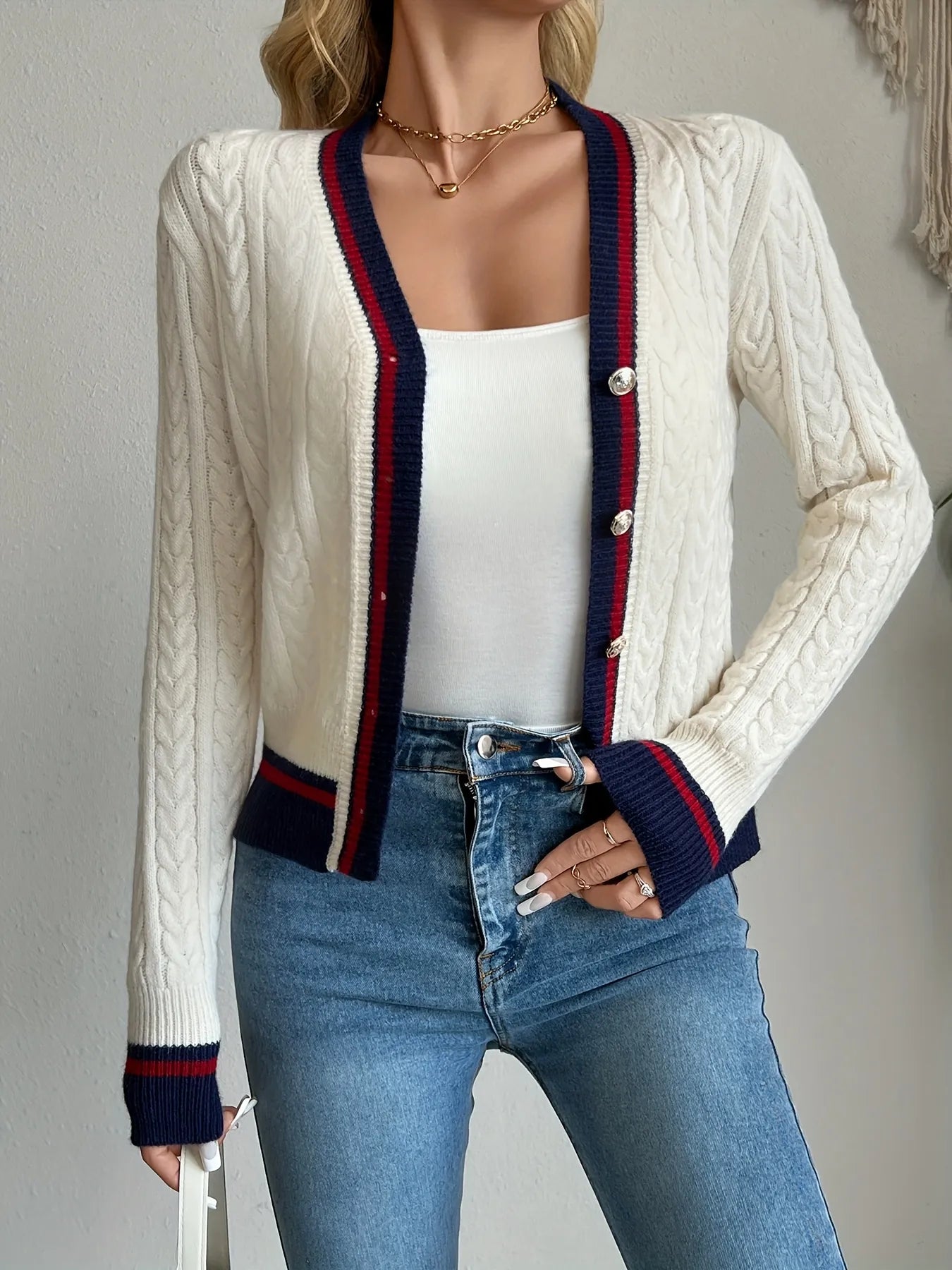 Cable Knit Button-Front Cardigan Ivory Easy Apparels