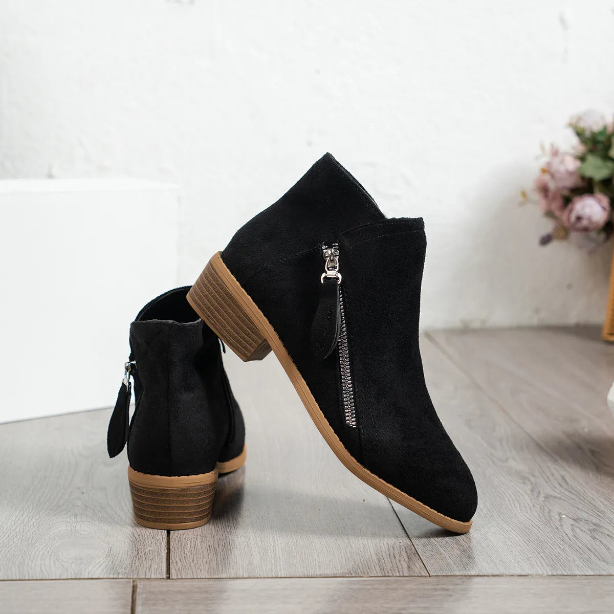 Side Zip Ankle Boots with Block Heel Easy Apparels
