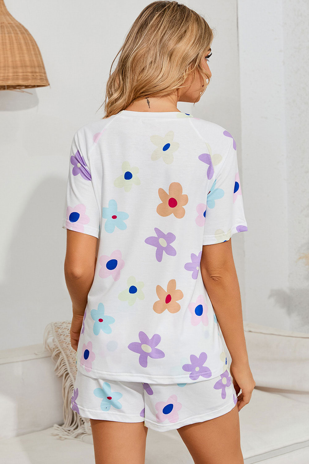 Floral Round Neck Raglan Sleeve Top and Shorts Lounge Set Easy Apparels
