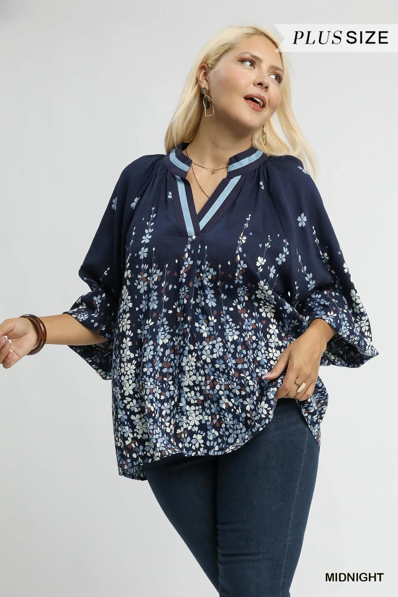 Trendsi Umgee Full Size Floral Vine Print Blouse with Balloon Sleeves Plus Size