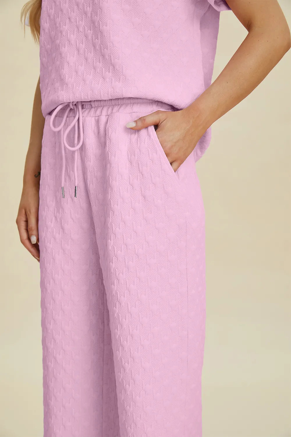 Double Take Full Size Texture Round Neck Short Sleeve Top and Pants Set Easy Apparels