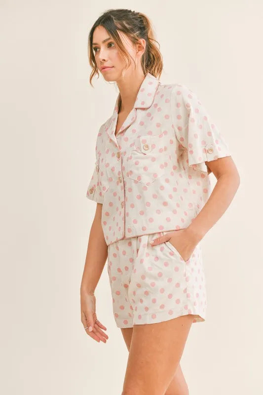 MABLE Polka Dot Collar Crop Top and Short Lounge Set Easy Apparels