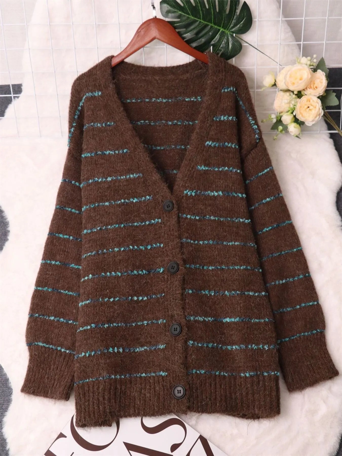 Striped Button-Up Cardigan with V-Neck Design Easy Apparels