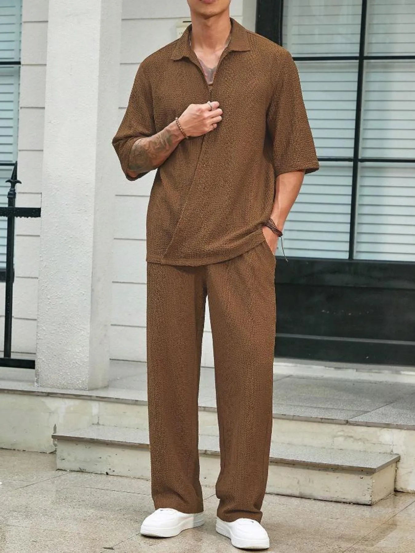 Men's Plus Size Half Sleeve Top and Pants Set Caramel Color Easy Apparels
