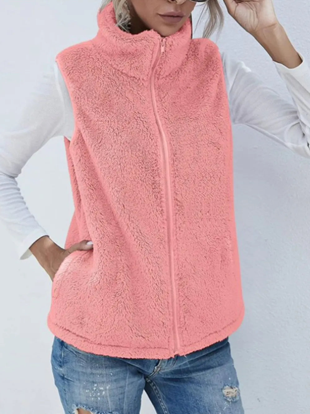 Full Size Fuzzy Zip Up Vest Coat with Pockets Watermelon pink Easy Apparels