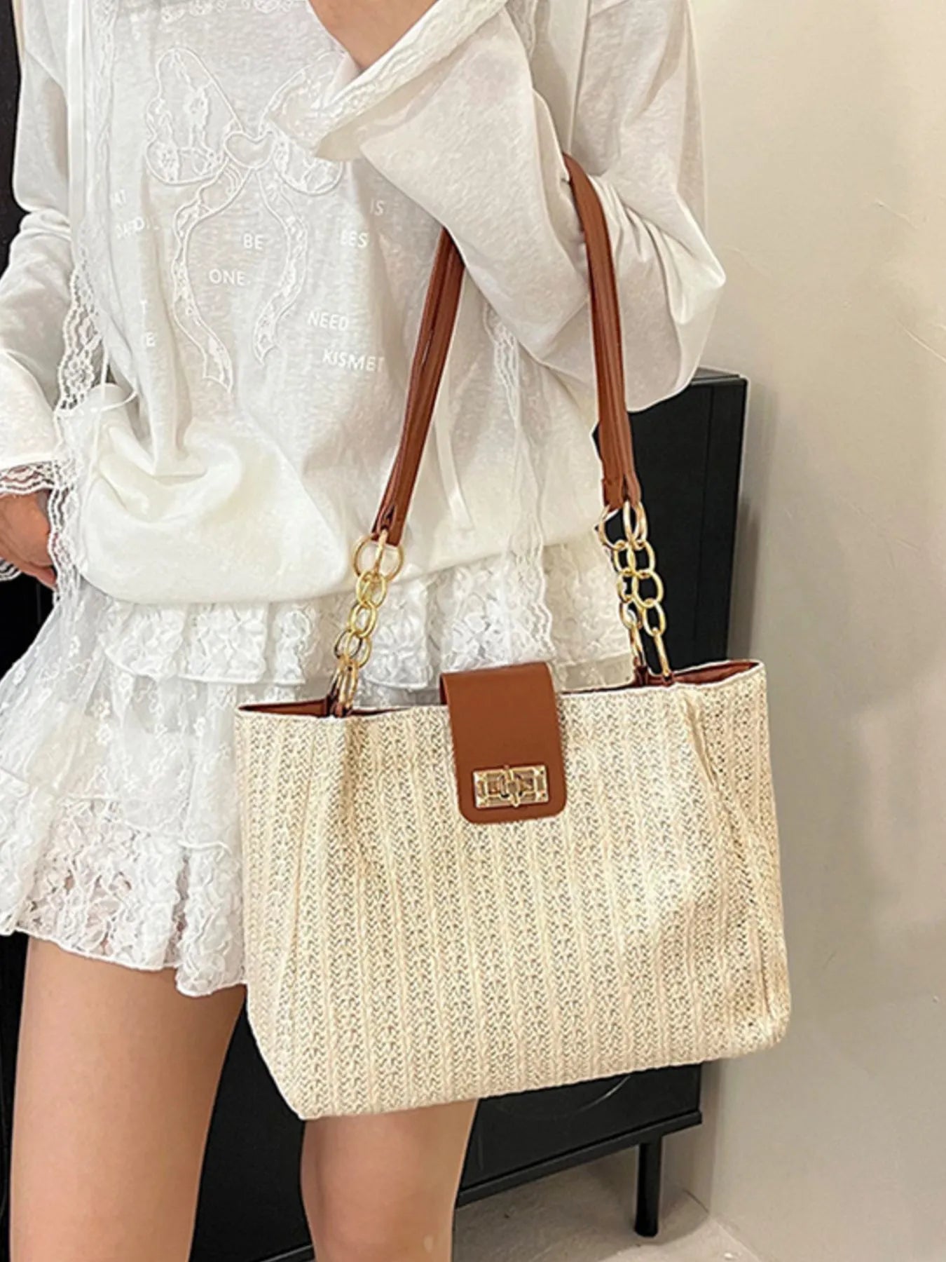 Woven Straw Shoulder Bag Brown One Size Easy Apparels