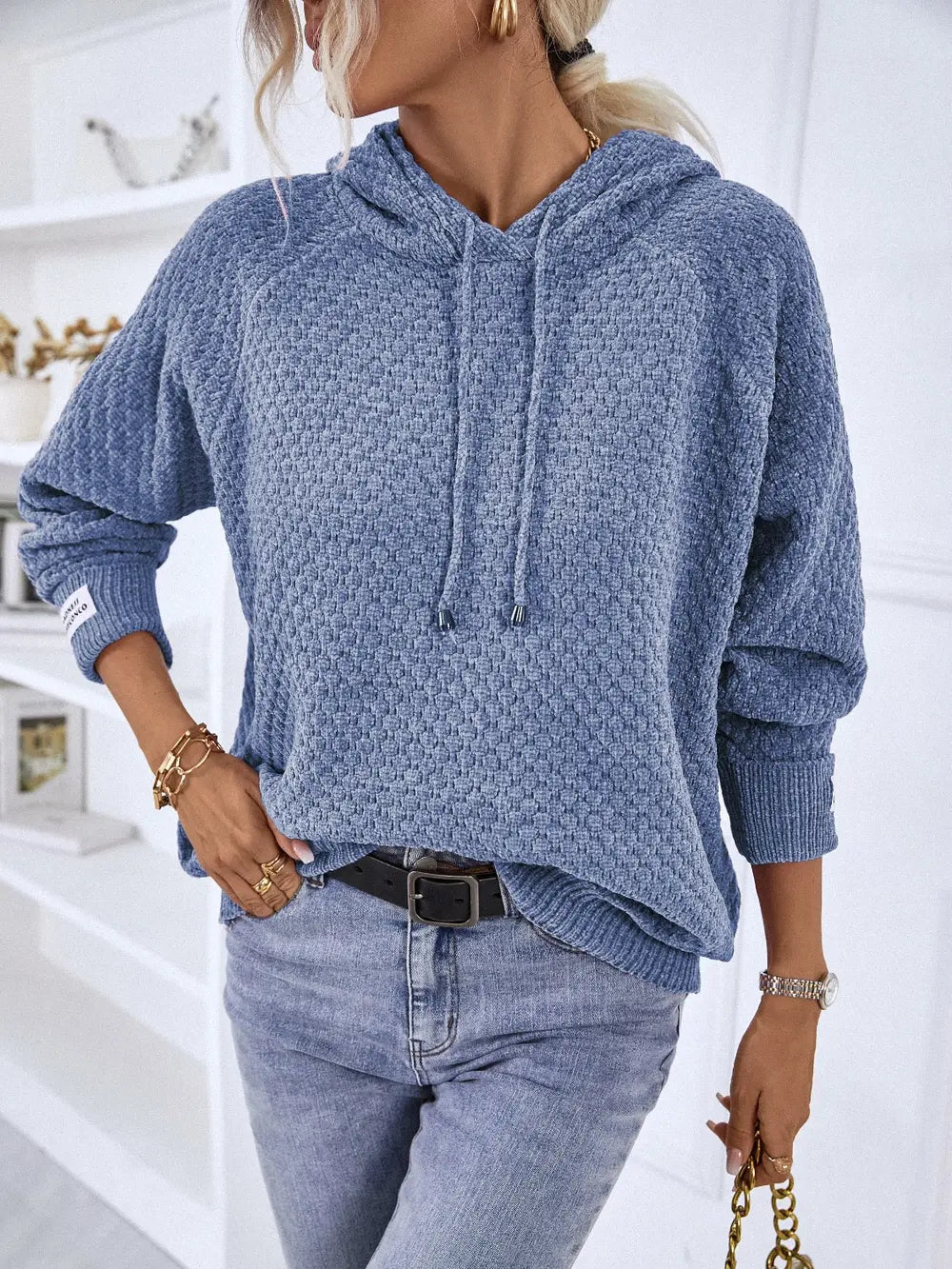 Texture Drawstring Long Sleeve Hooded Sweater French Blue Easy Apparels