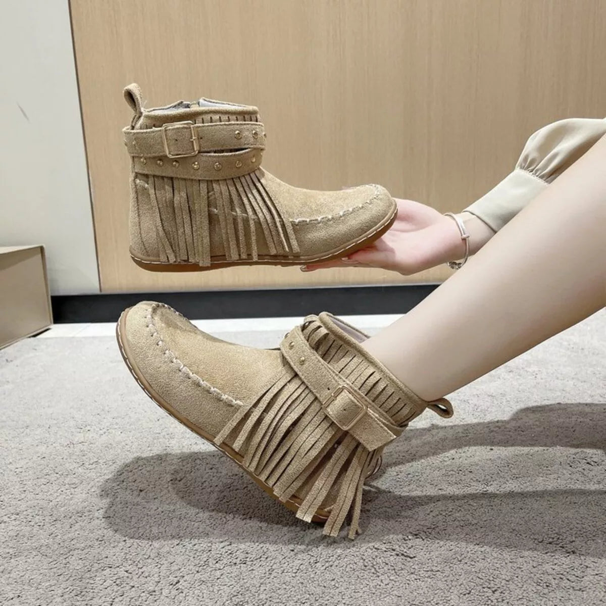 Fringe Round Toe Boots Khaki Easy Apparels