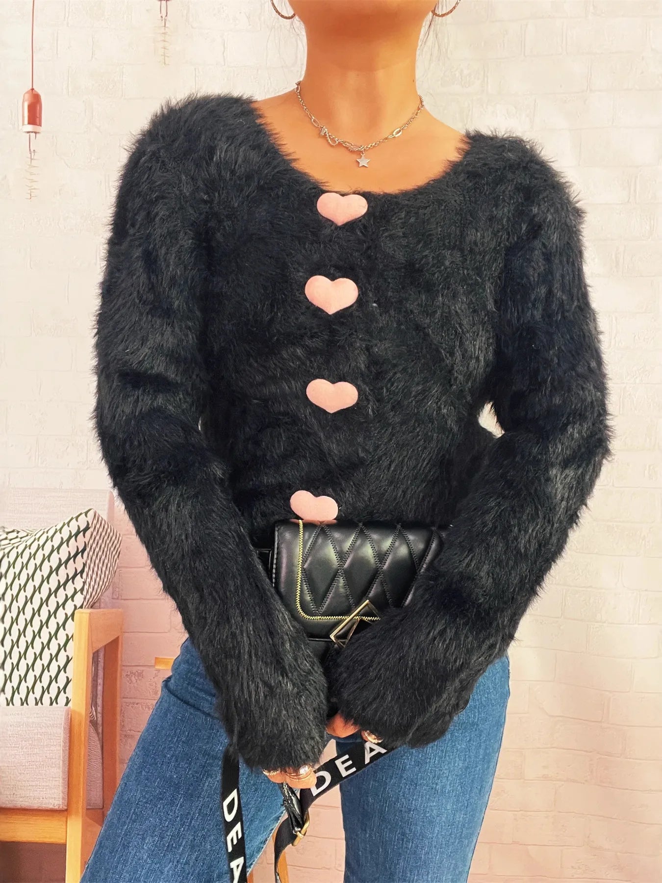 Fuzzy Heart Shape Button-Up Cardigan Easy Apparels