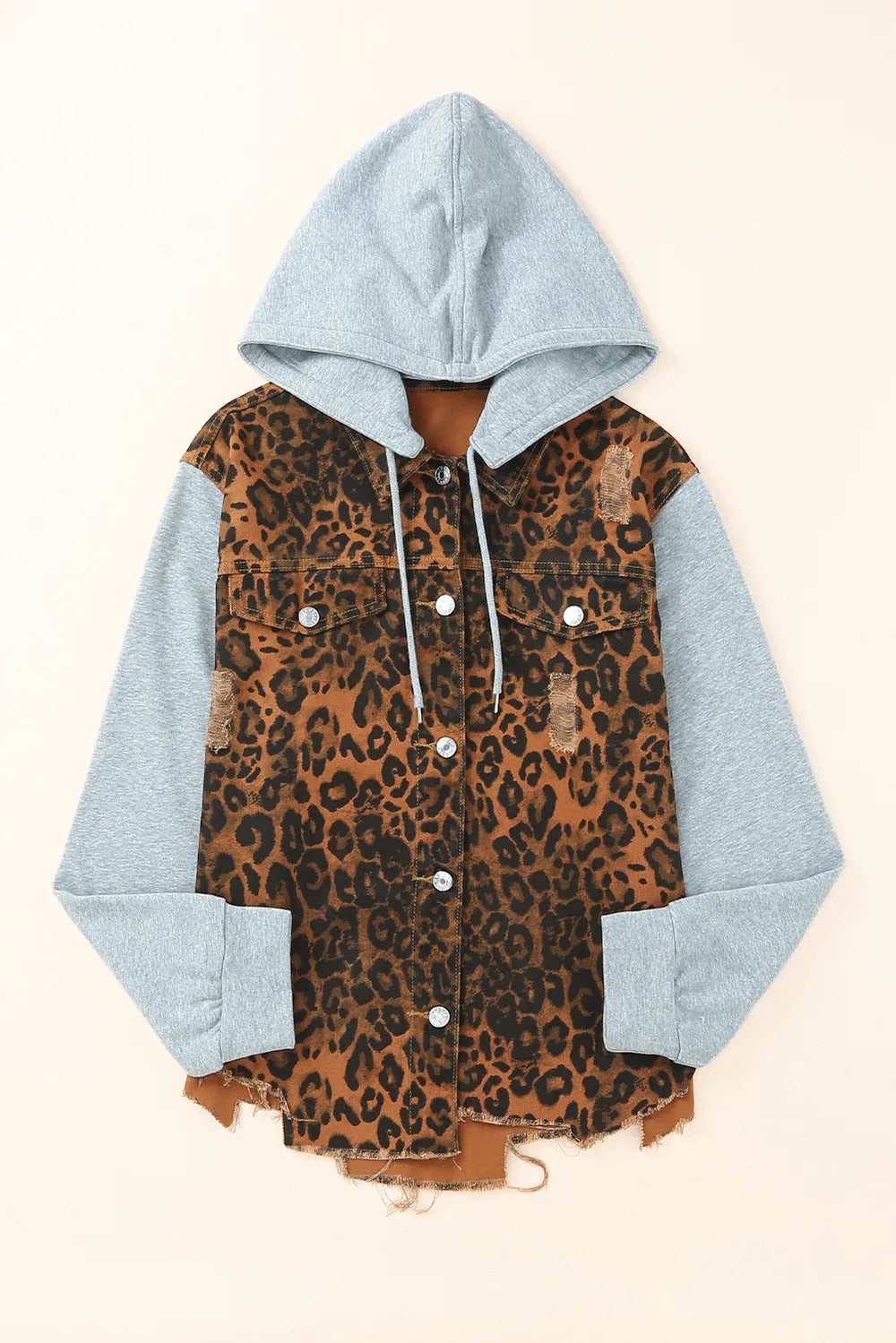 Leopard Distressed Drawstring Hooded Denim Jacket Easy Apparels