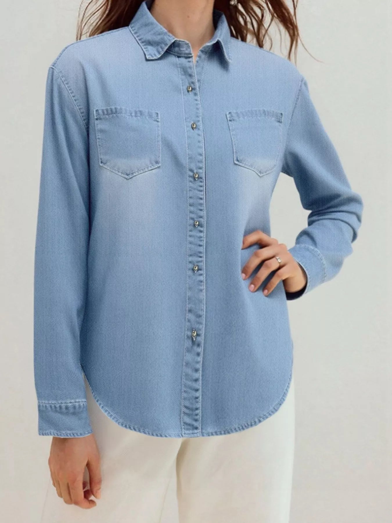 Full Size Button-Up Long Sleeve Denim Shirt Plus Size Easy Apparels