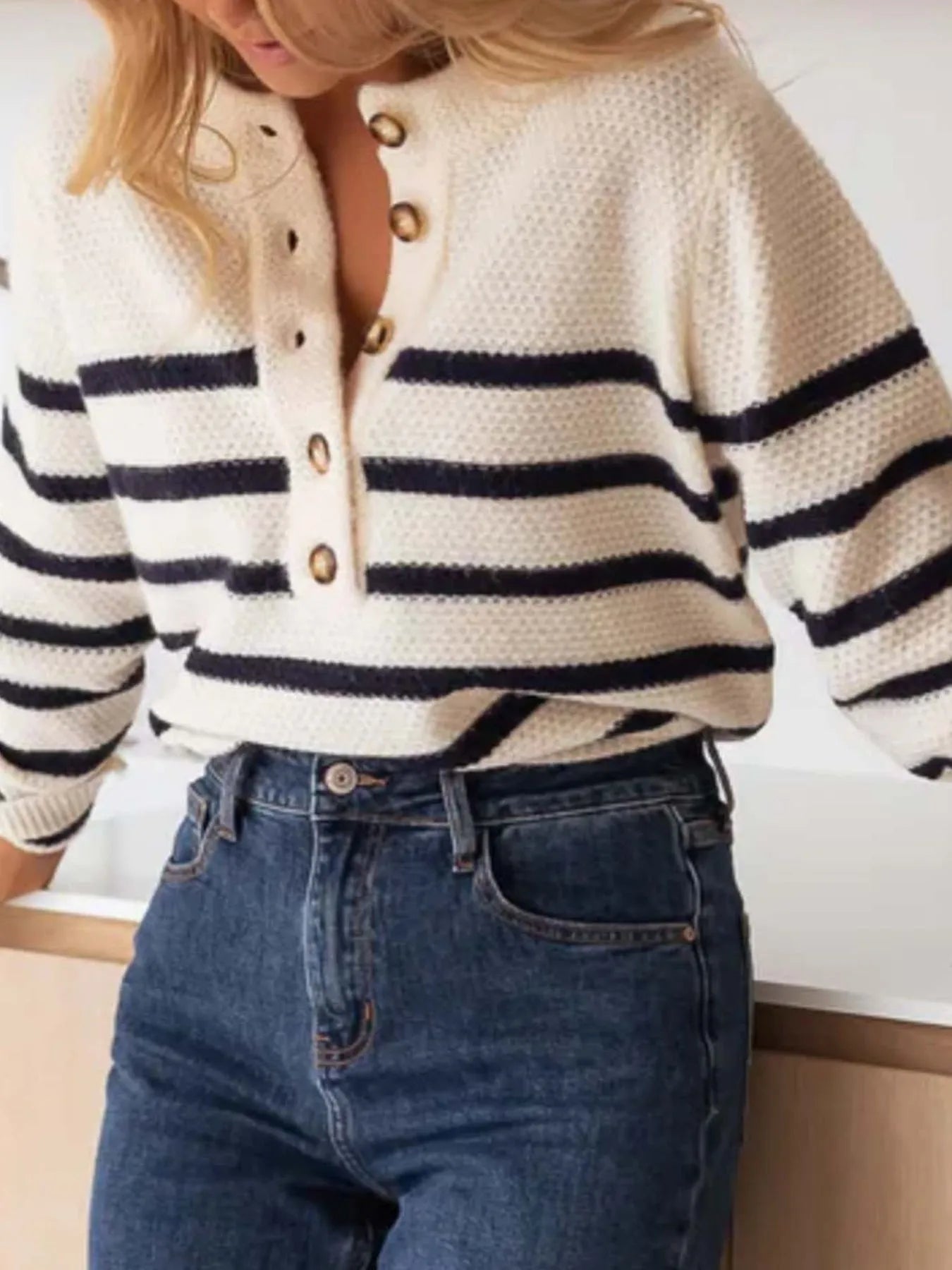 Trendsi Striped Button-Front Sweater