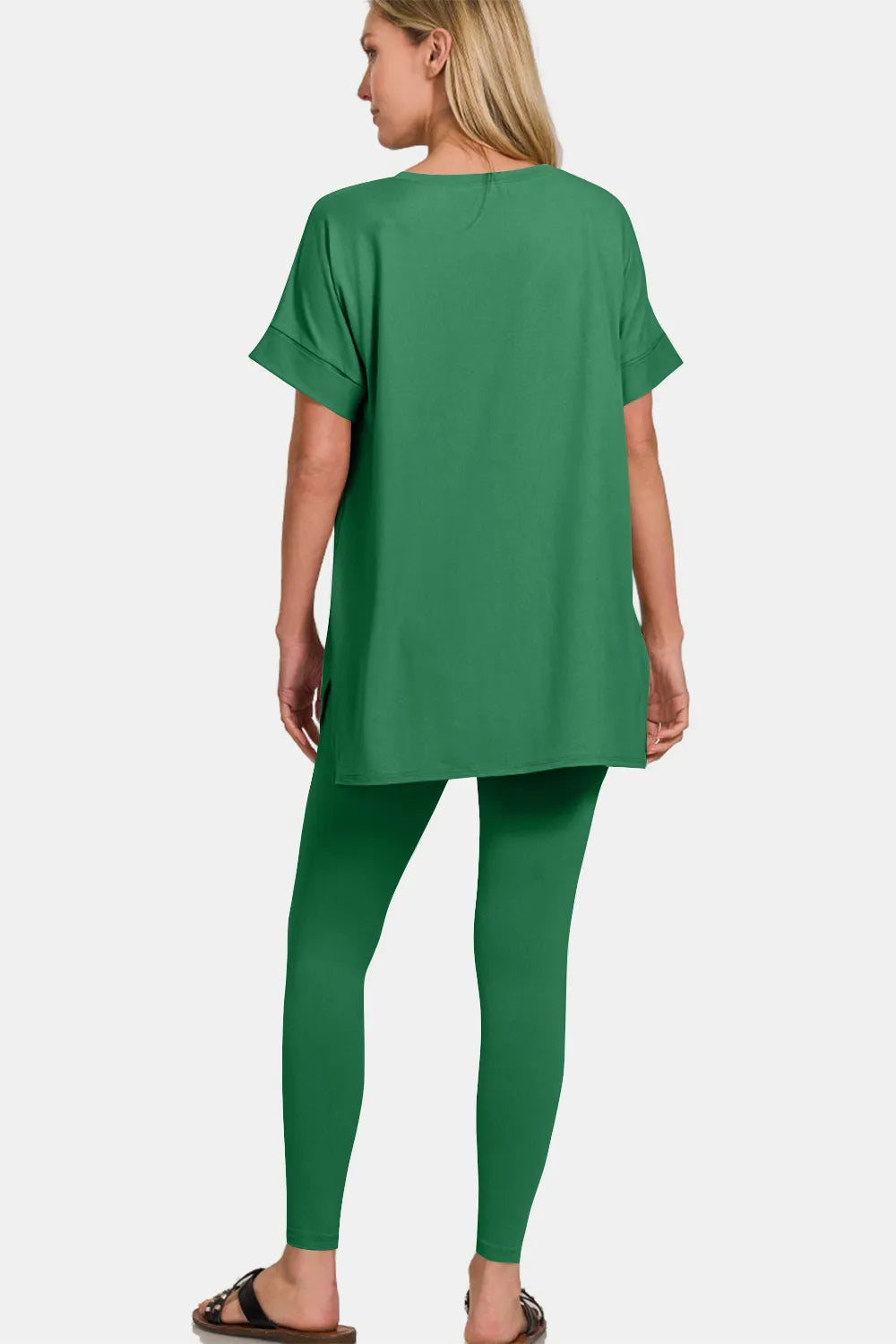 Zenana Full Size V-Neck Rolled Short Sleeve T-Shirt and Leggings Lounge Set Easy Apparels