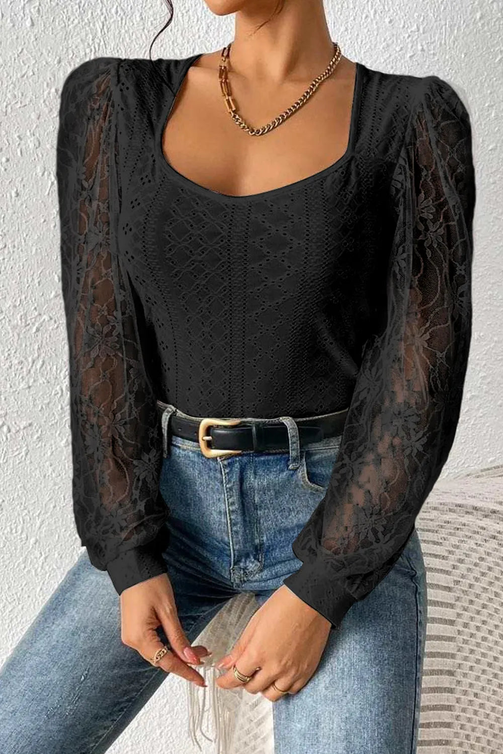 Trendsi Eyelet Lace Long Sleeve Bodysuit