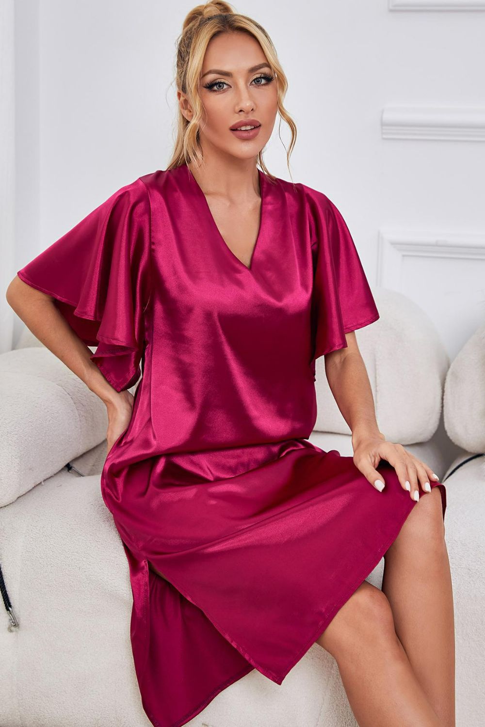 Satin Flutter Sleeve Side Slit V-Neck Night Dress Easy Apparels