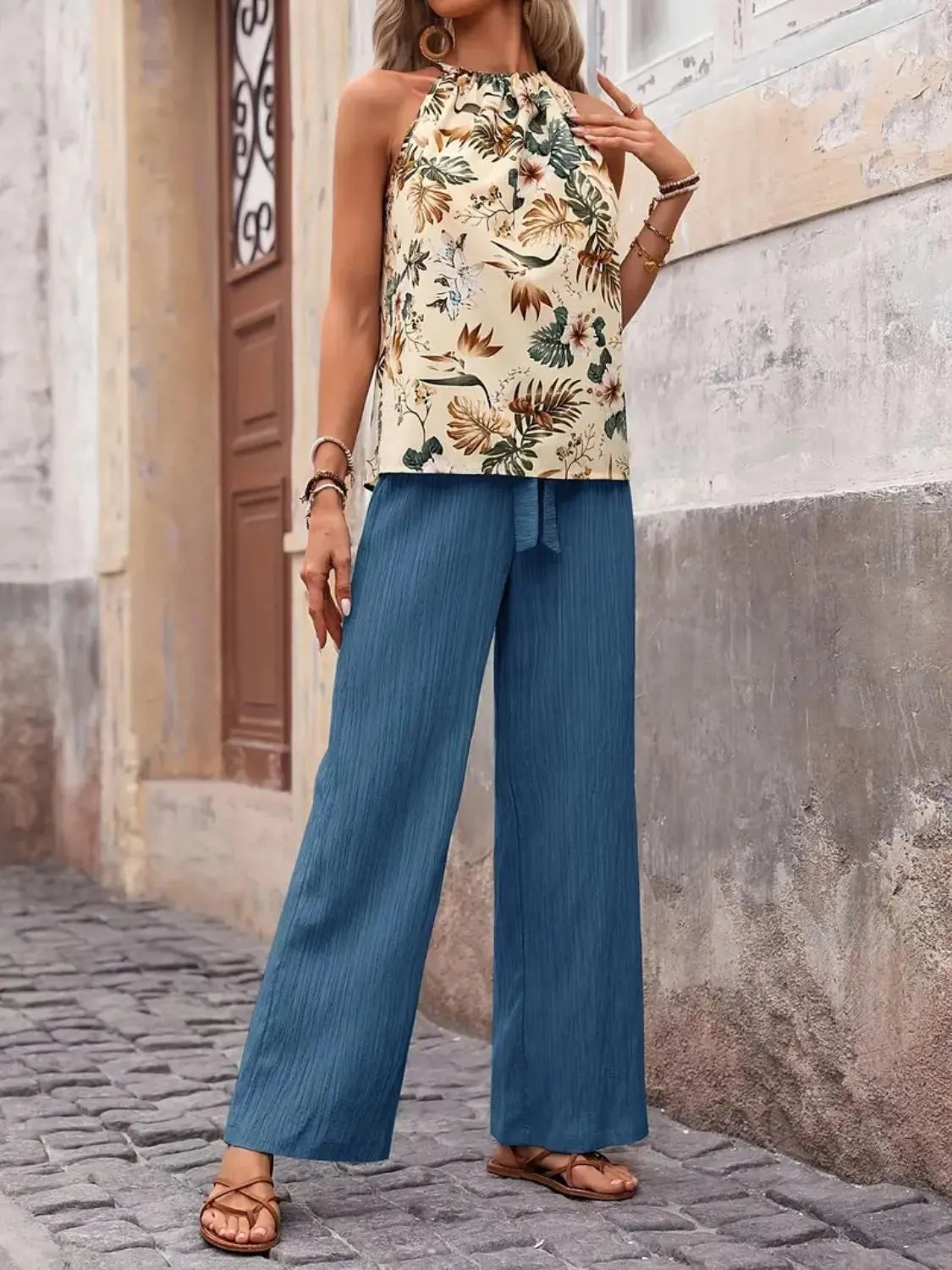 Printed Tank Top and Wide Leg Pants Set Easy Apparels