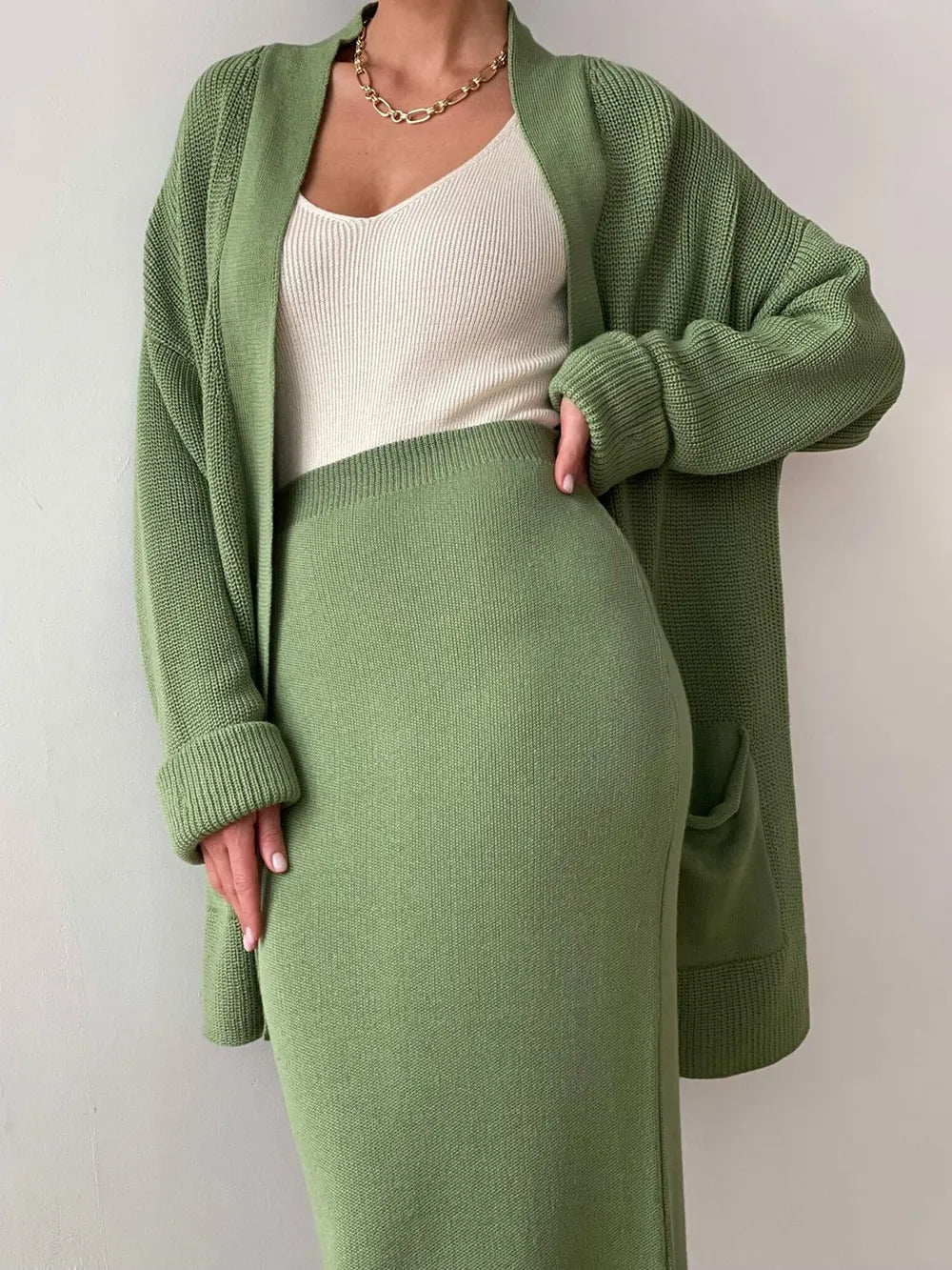 Pocketed Long Sleeve Cardigan and Skirt Sweater Set Gum Leaf One Size Easy Apparels