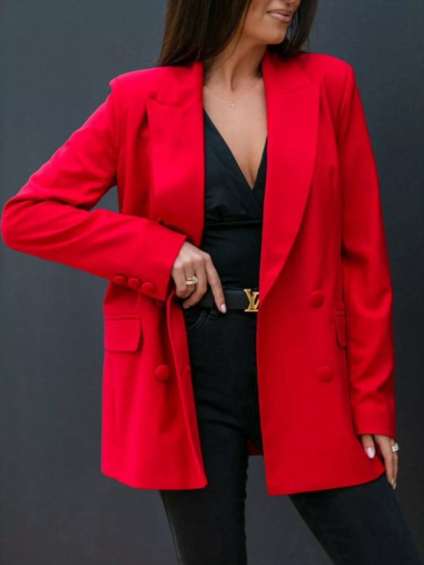 Lapel Collar Long Sleeve Blazer Red Easy Apparels