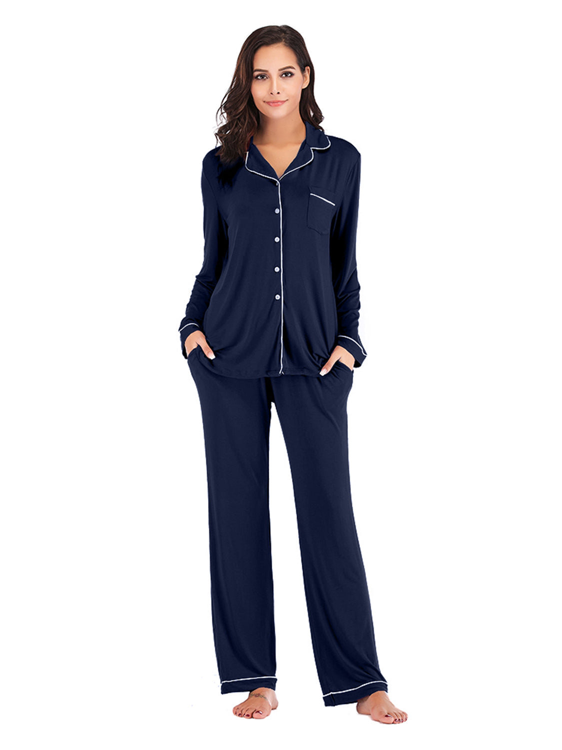 Collared Neck Long Sleeve Loungewear Set with Pockets Easy Apparels