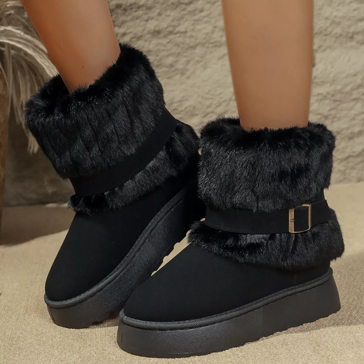 Round Toe Platform Boots Black Easy Apparels