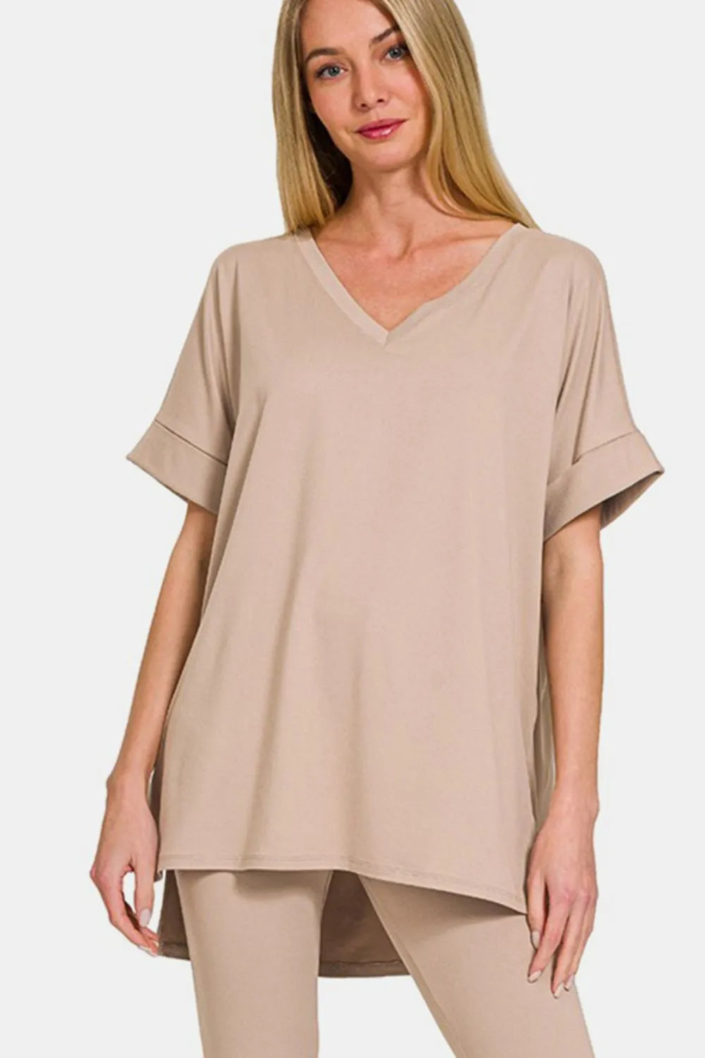 Zenana Full Size V-Neck Rolled Short Sleeve T-Shirt and Leggings Lounge Set Easy Apparels