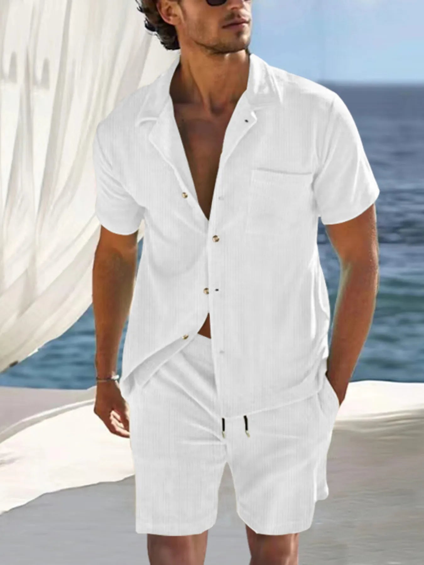 Men's Full Size Button Detail Short Sleeve Top and Shorts Set Plus Size White Easy Apparels