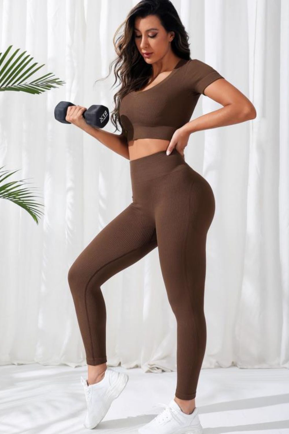 V-Neck Crop Top and High Waistband Long Active Pants Easy Apparels