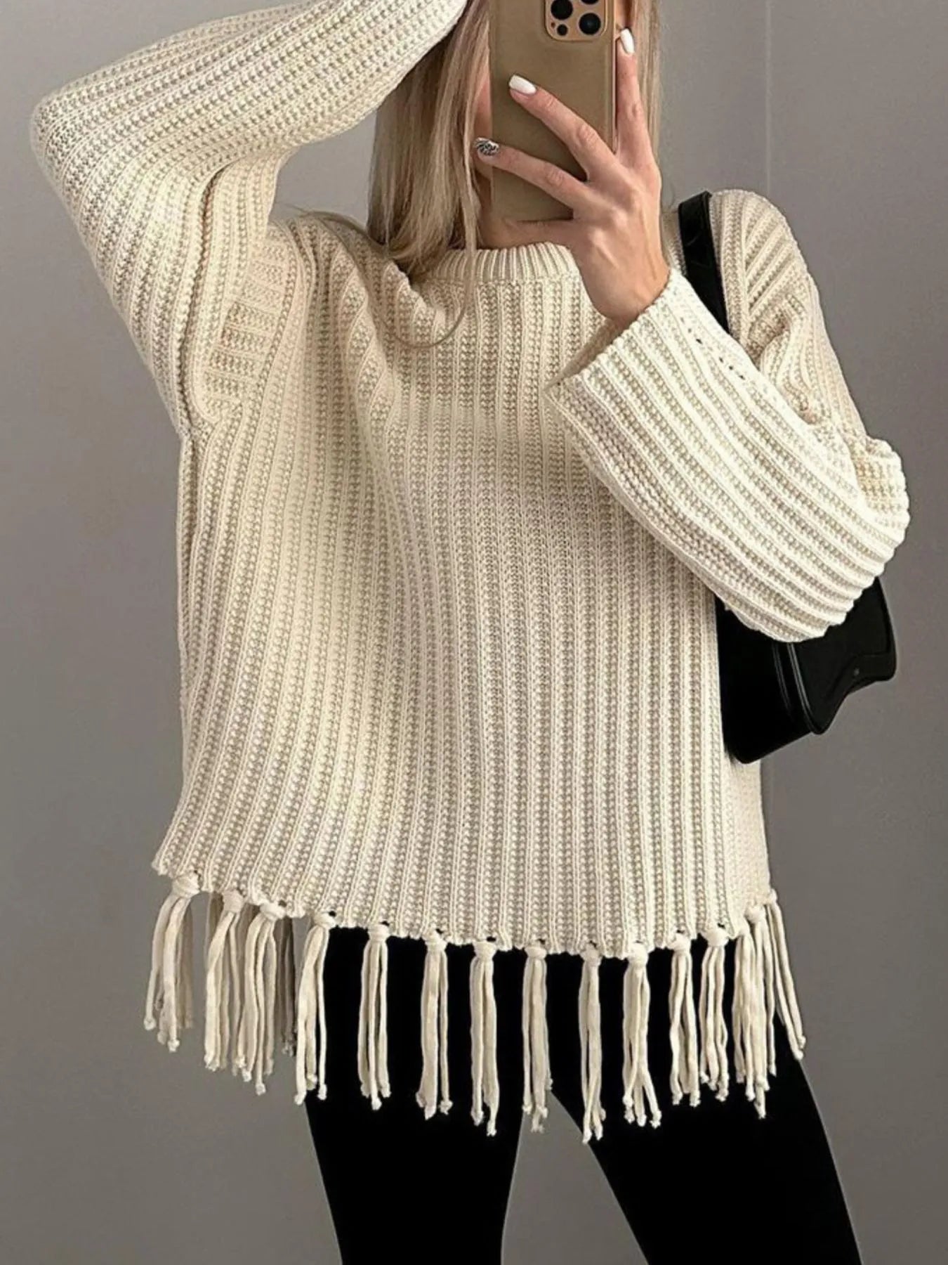 Trendsi Fringe Round Neck Long Sleeve Sweater