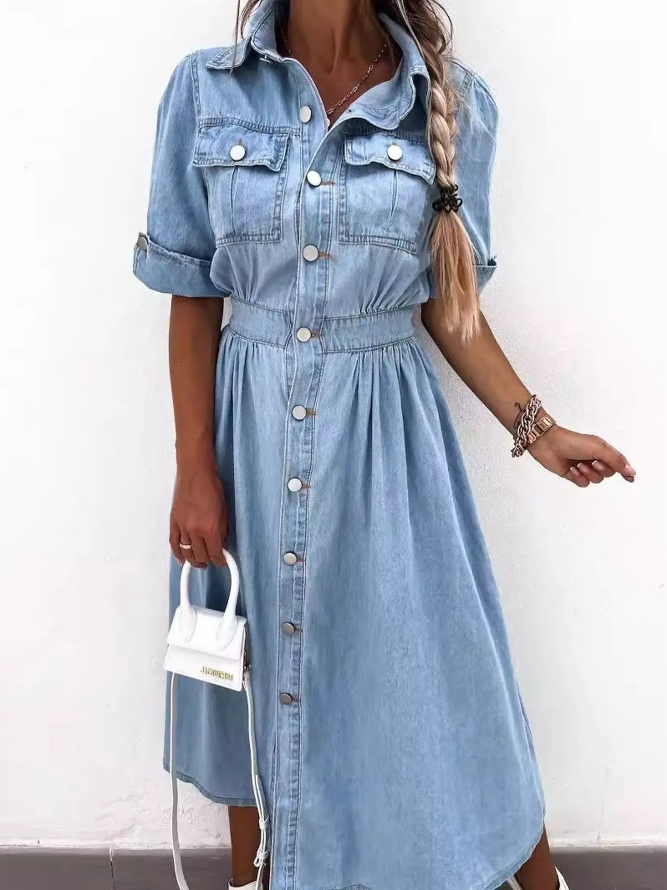 Full Size Button Down Roll-Up Sleeve Denim Shirt Dress Plus Size Easy Apparels