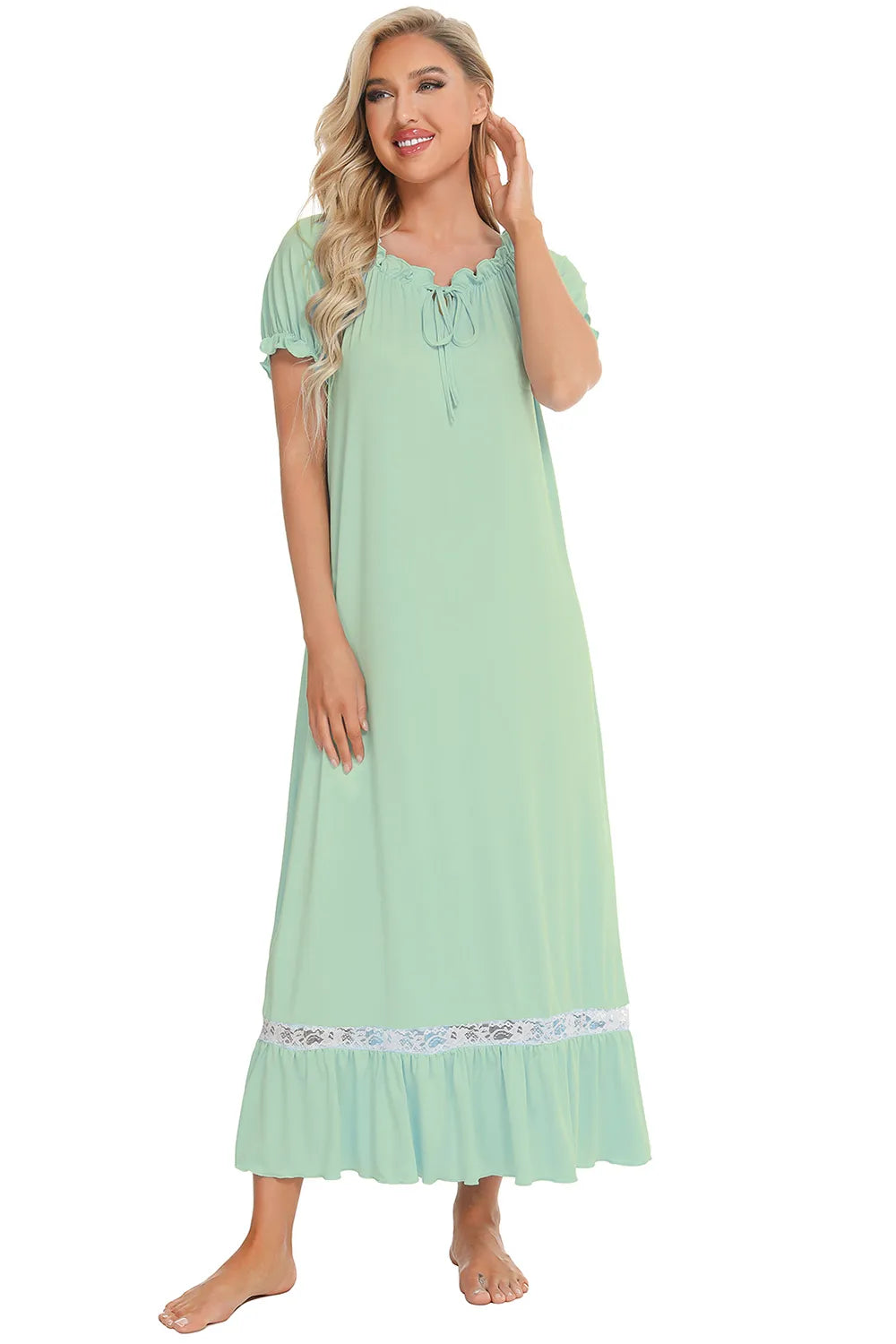 Lace Detail Short Sleeve Lounge Dress Easy Apparels