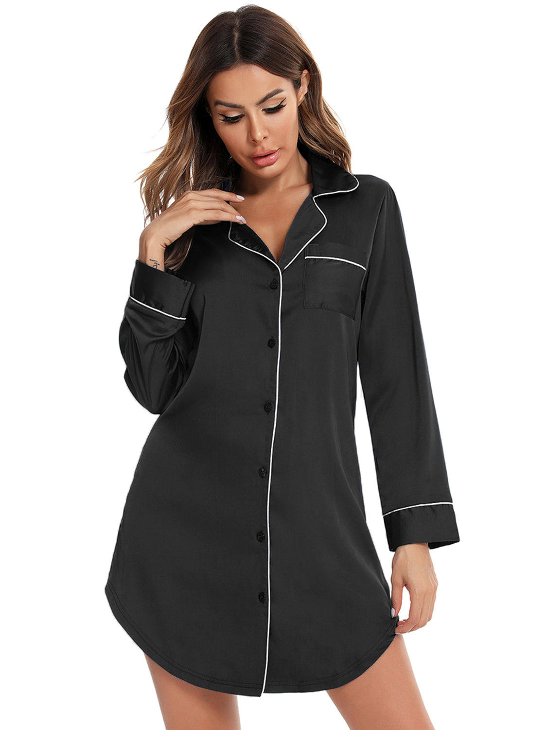 Button Up Lapel Collar Night Dress with Pocket Easy Apparels