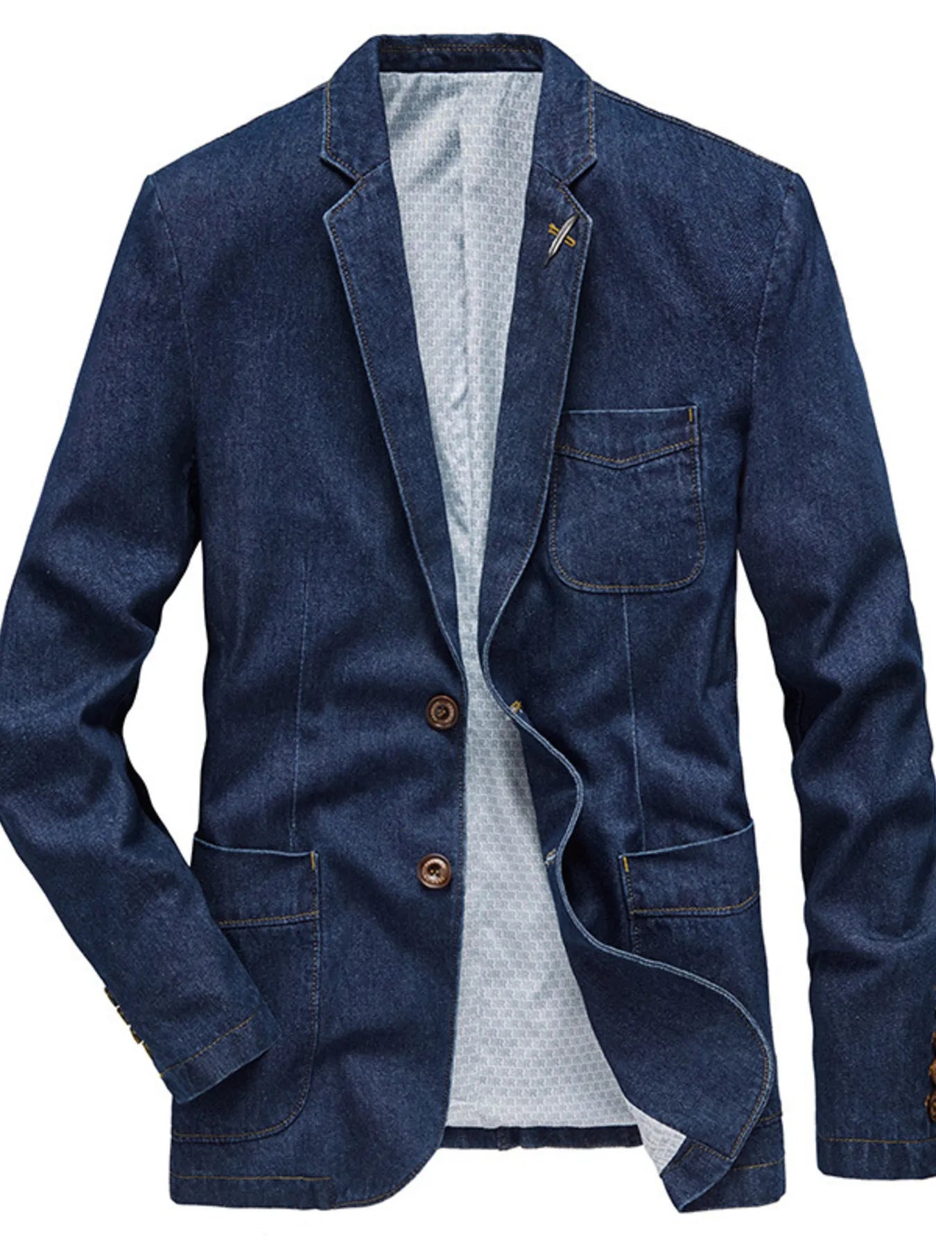 Men's Plus Size Lapel Collar Long Sleeve Denim Blazer Denim Blue Easy Apparels