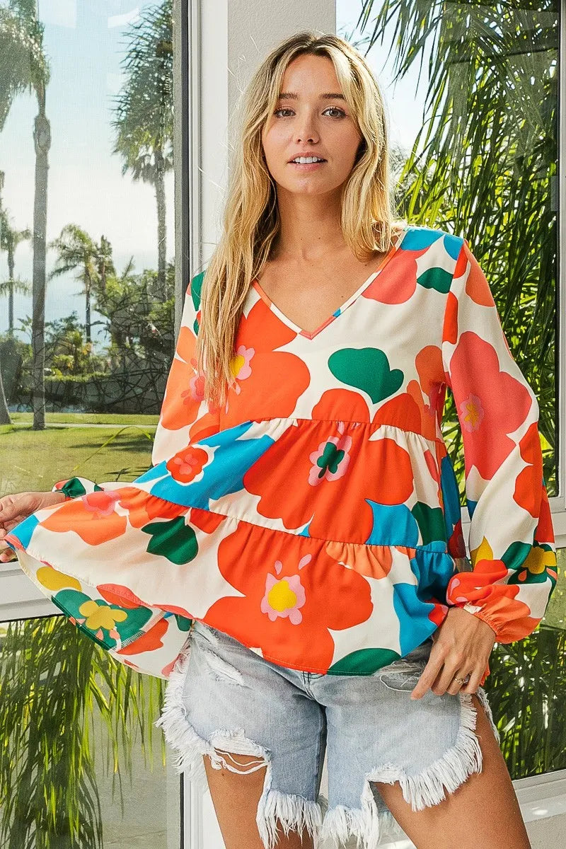 Trendsi BiBi Floral Woven Tiered V Neck Top