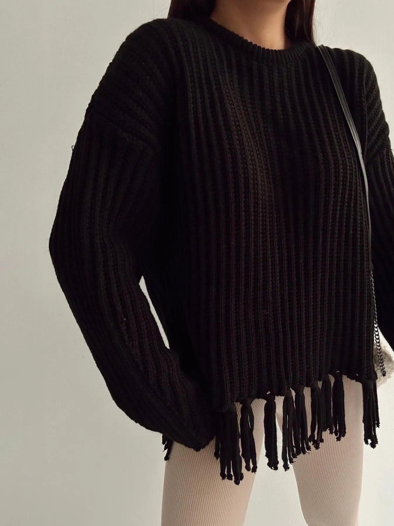 Trendsi Fringe Round Neck Long Sleeve Sweater Black