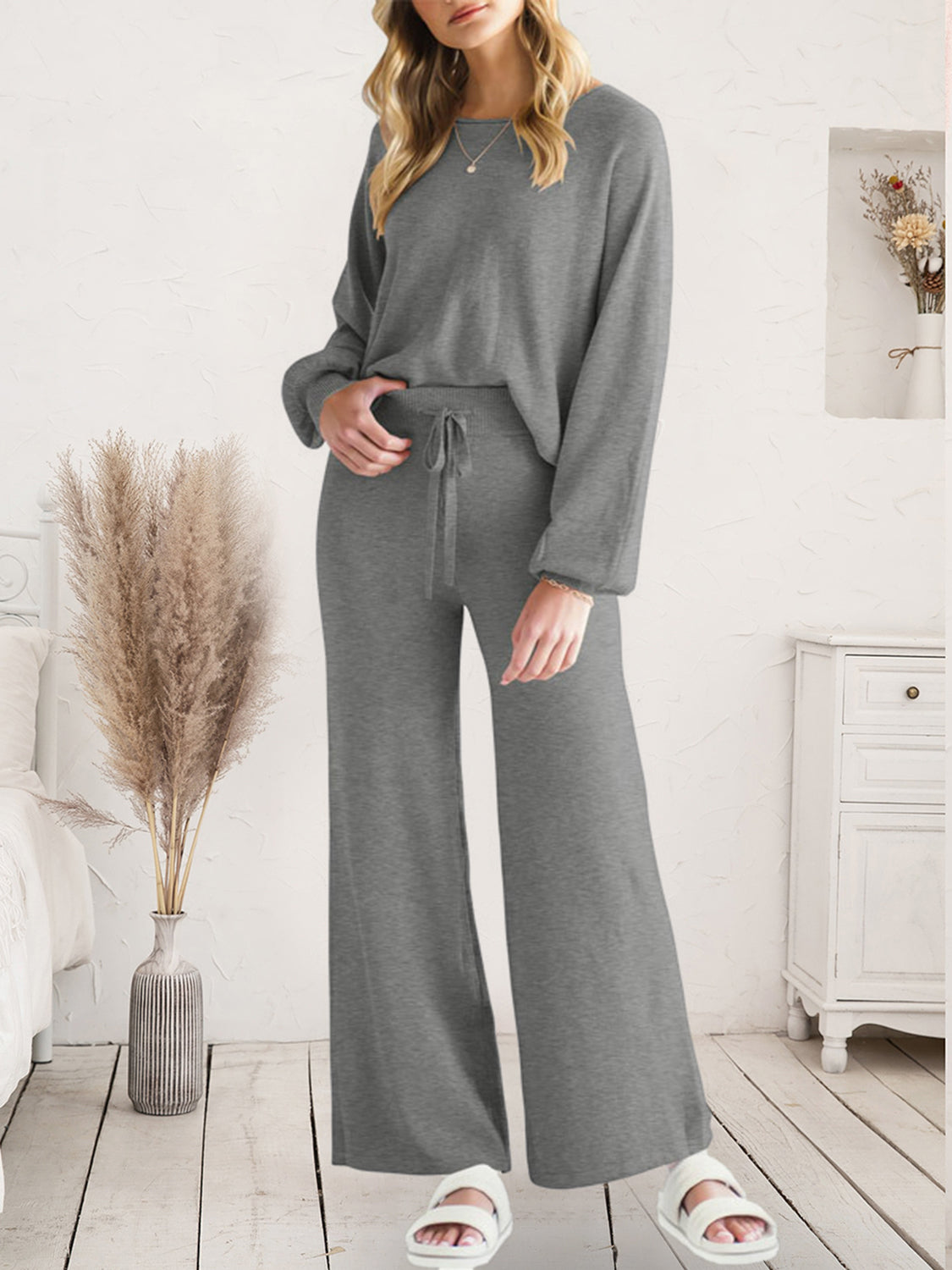 Long Sleeve Lounge Top and Drawstring Pants Set Dark Gray Easy Apparels