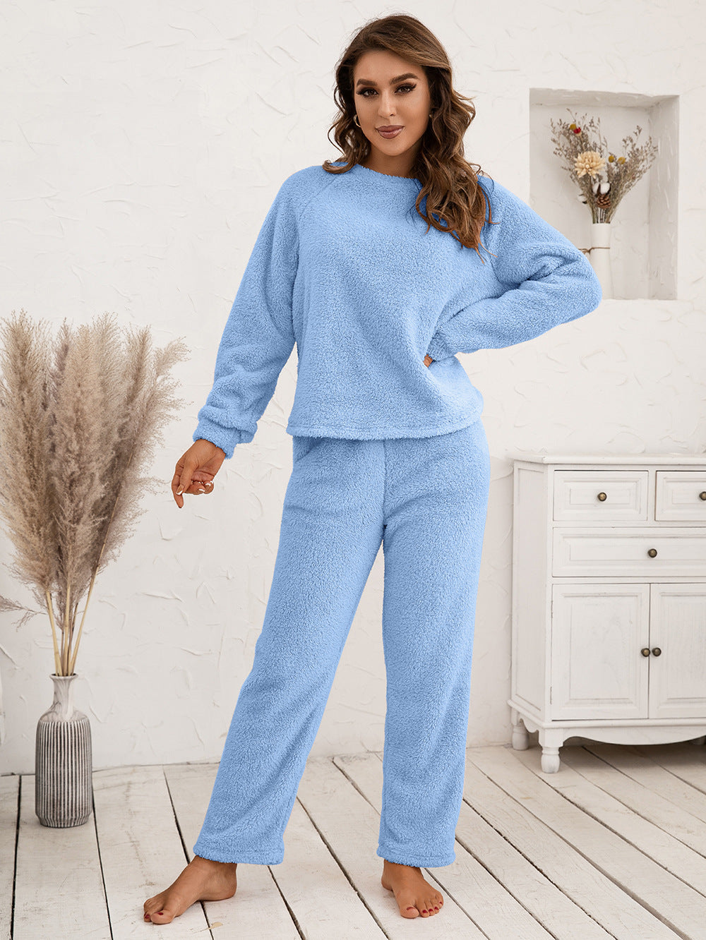 Ivy Lane Teddy Long Sleeve Top and Pants Lounge Set Light Blue Easy Apparels