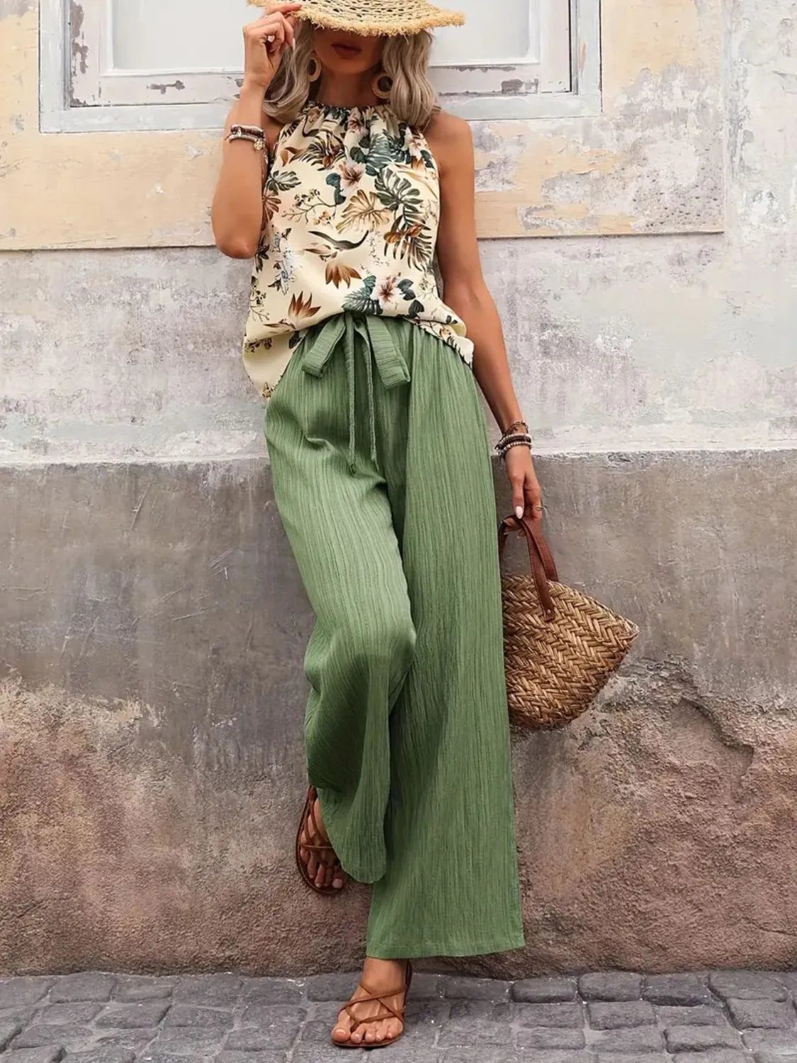 Printed Tank Top and Wide Leg Pants Set Sage Easy Apparels