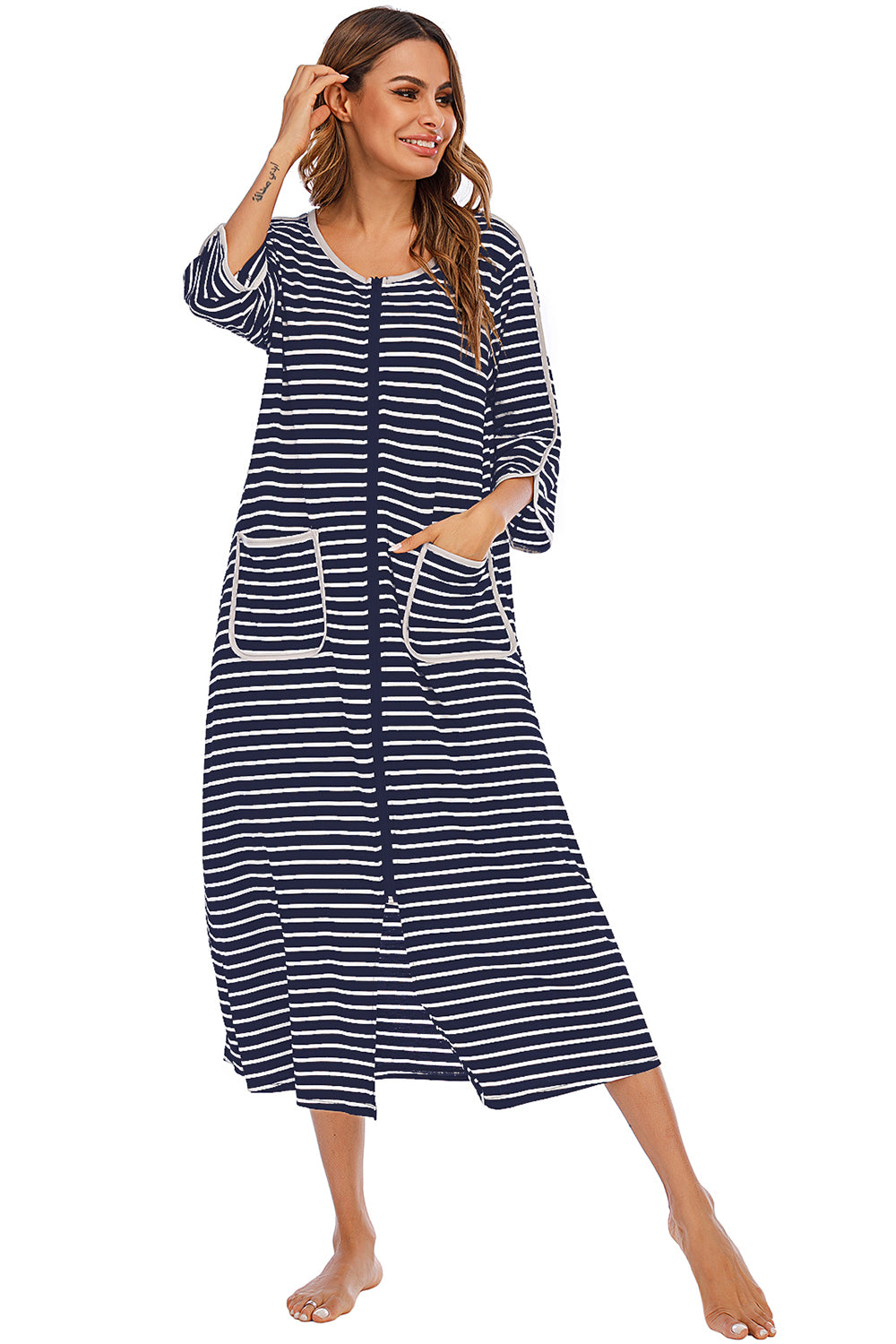 Round Neck Three-Quarter Sleeve Midi Night Dress Easy Apparels