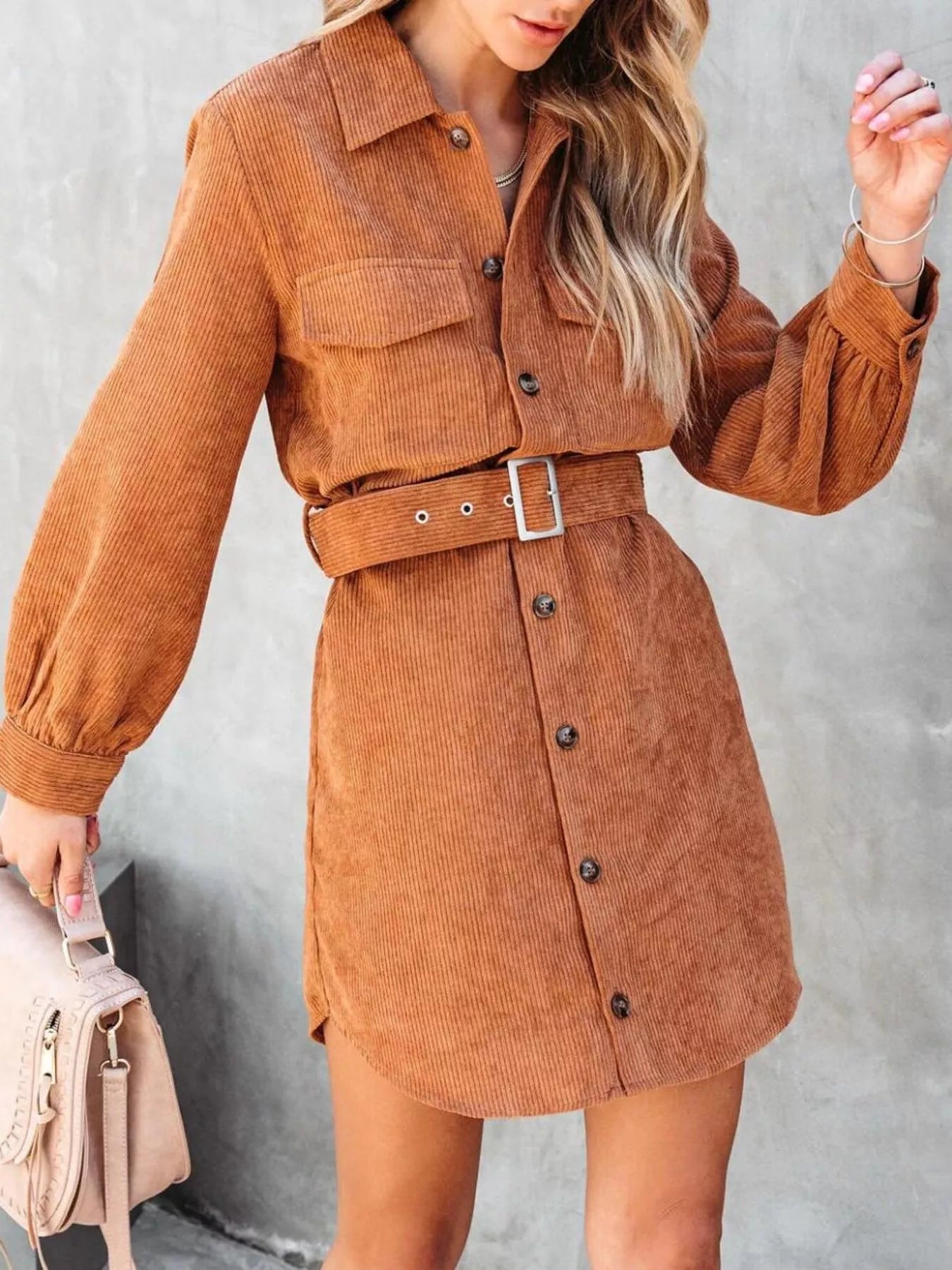 Button Front Belt Long Sleeve Corduroy Dress Light Brown Easy Apparels