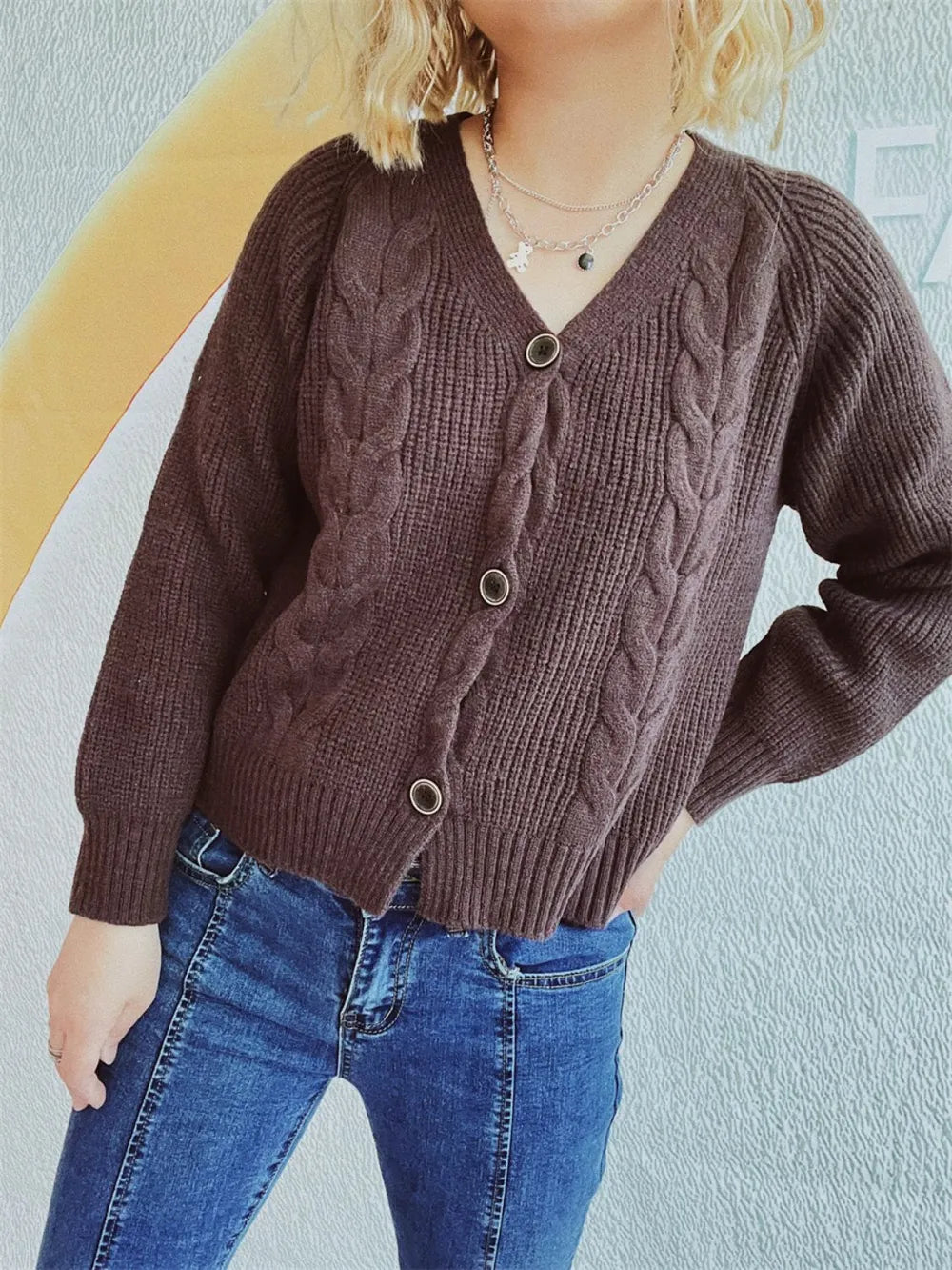 Cable-Knit V-Neck Button Down Long Sleeve Cardigan Brown One Size Easy Apparels