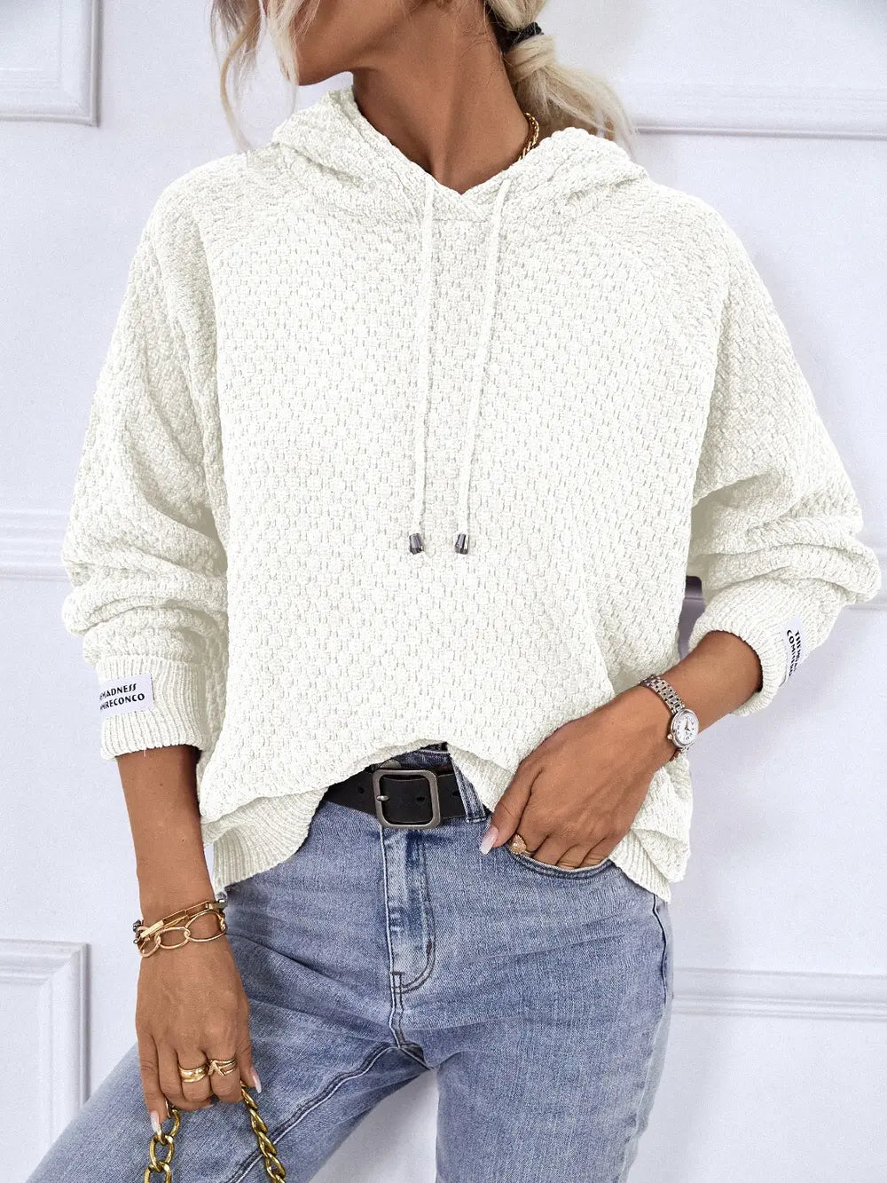 Texture Drawstring Long Sleeve Hooded Sweater Easy Apparels