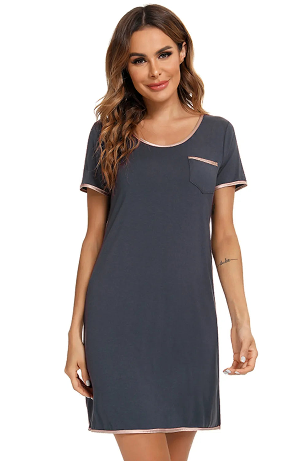 Contrast Trim Pocketed Round Neck Lounge Dress Easy Apparels