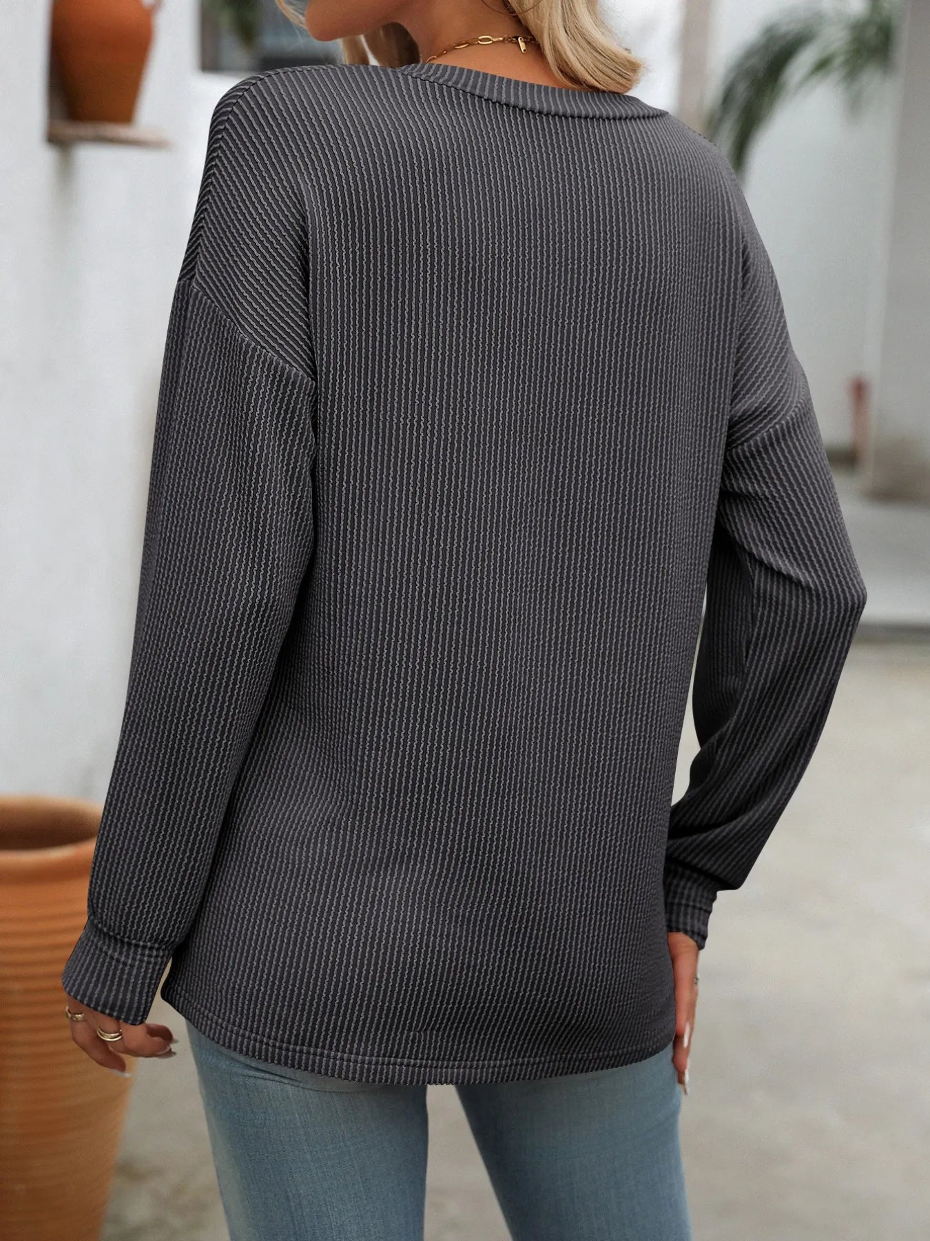 Trendsi Ribbed V-Neck Long Sleeve T-Shirt