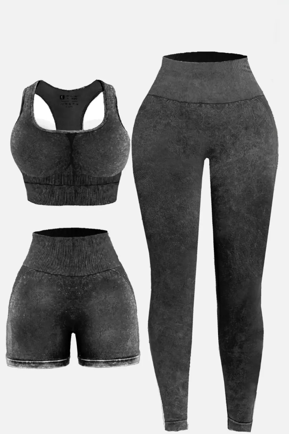 3 Piece Washed Square Neck Wide Strap Active Set Dark Gray Easy Apparels