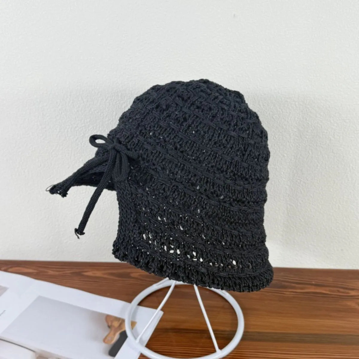 Crochet Bucket Hat with Drawstring Black One Size Easy Apparels