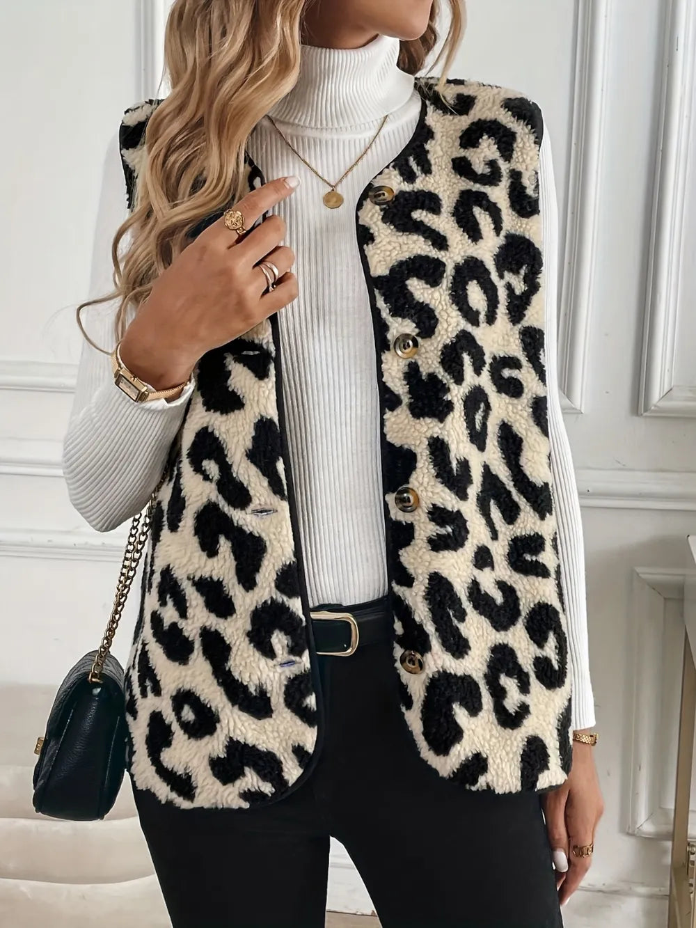 Leopard Button Up Sherpa Vest Easy Apparels